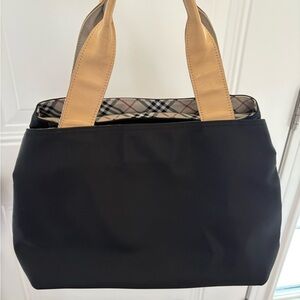Burberry Black Canvas Tote/ Tan Leather Handles with Nova Check Bottom/Interior